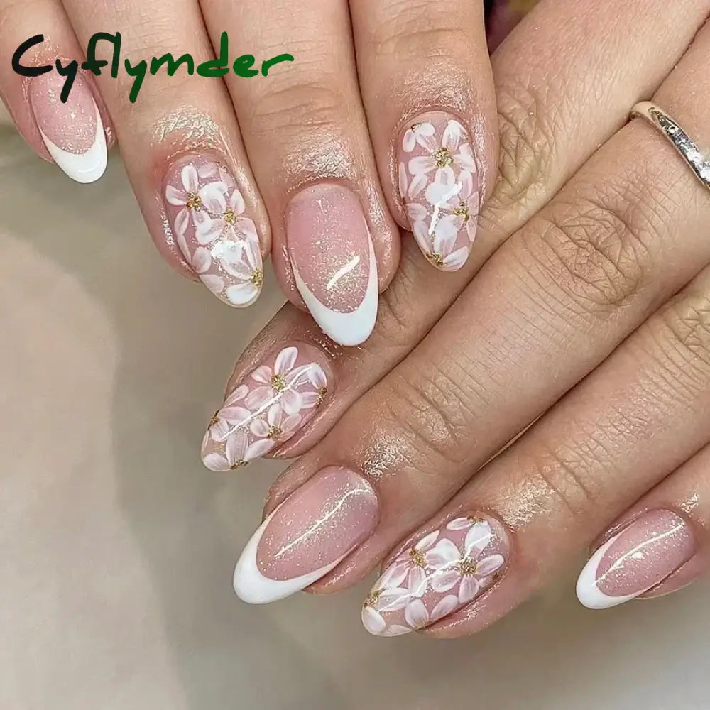 Cyflymder 24pcs Detachable Flower Almond bowknot French False Nails Stars Love Glitter Design Press on Nails Fake Nials