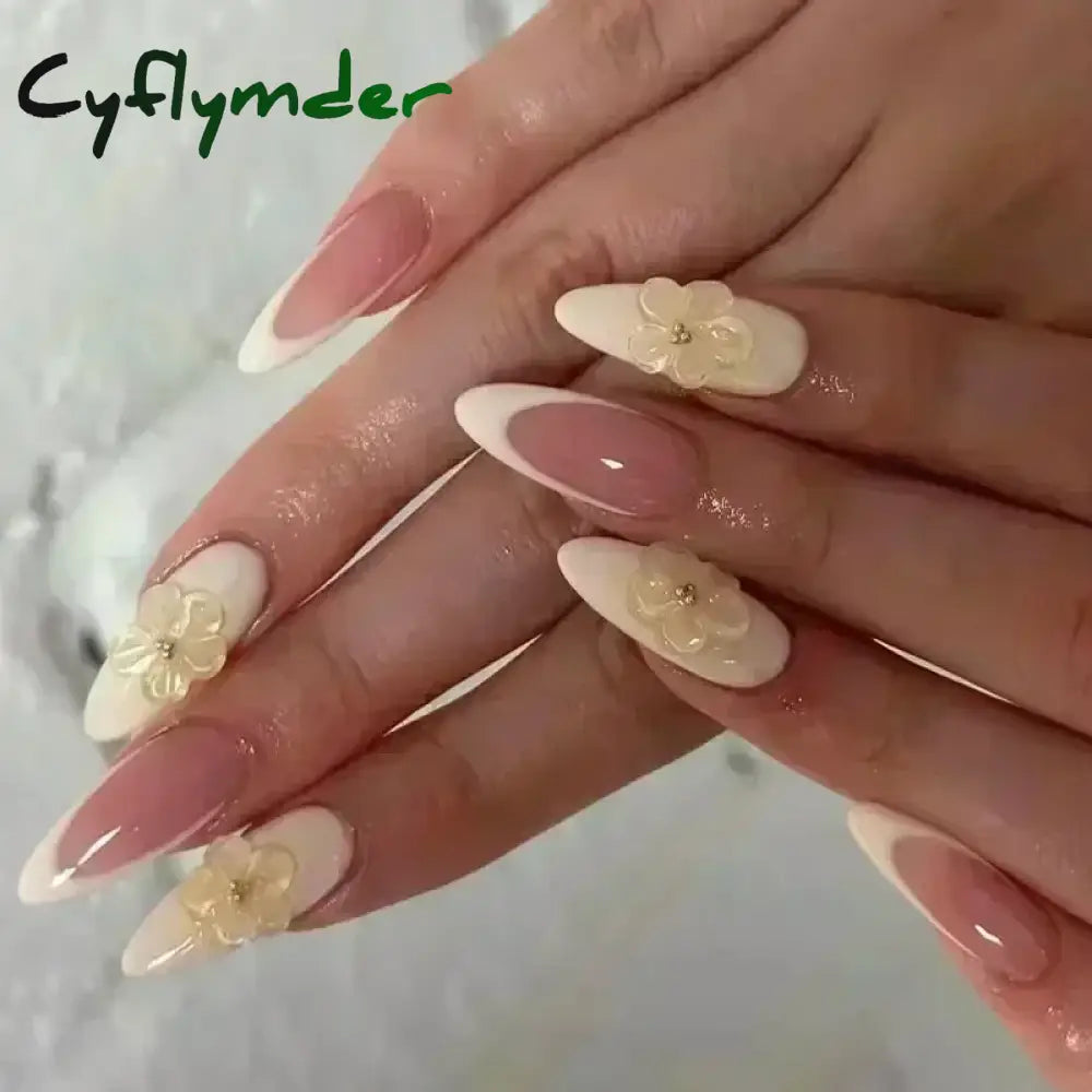 Cyflymder 24pcs Detachable Flower Almond bowknot French False Nails Stars Love Glitter Design Press on Nails Fake Nials