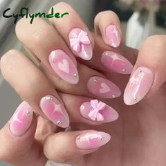 Cyflymder 24pcs Detachable Flower Almond bowknot French False Nails Stars Love Glitter Design Press on Nails Fake Nials