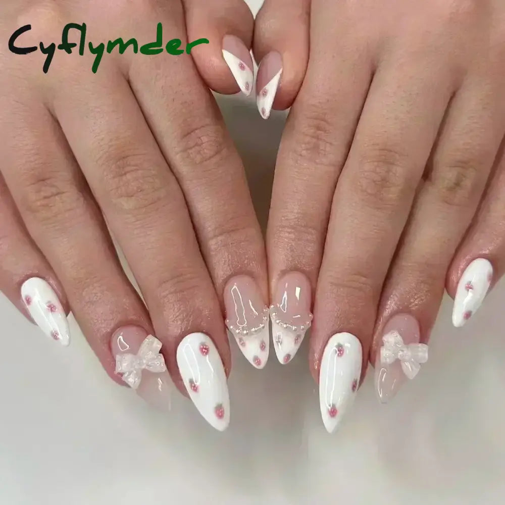 Cyflymder 24pcs Detachable Flower Almond bowknot French False Nails Stars Love Glitter Design Press on Nails Fake Nials