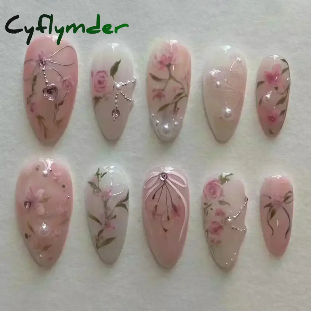 Cyflymder 24pcs Detachable Flower Almond bowknot French False Nails Stars Love Glitter Design Press on Nails Fake Nials