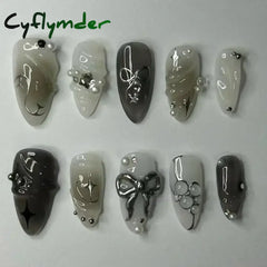 Cyflymder 24pcs Detachable Flower Almond bowknot French False Nails Stars Love Glitter Design Press on Nails Fake Nials