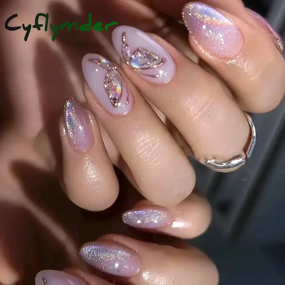 Cyflymder 24Pcs Detachable Magic Mirror Purple Fake Nails Almond Head Butterfly Pattern Press on False Nails Cat Eye