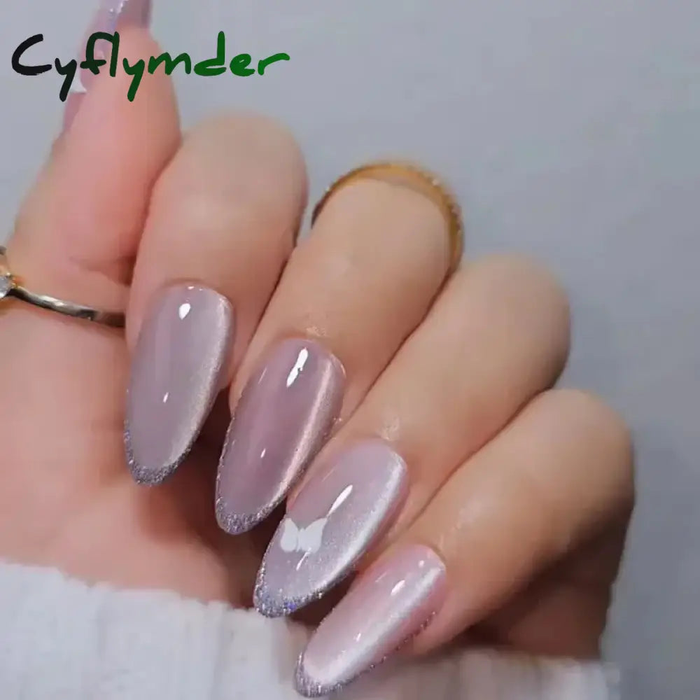 Cyflymder 24Pcs Detachable Magic Mirror Purple Fake Nails Almond Head Butterfly Pattern Press on False Nails Cat Eye