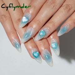 Cyflymder 24Pcs Detachable Magic Mirror Purple Fake Nails Almond Head Butterfly Pattern Press on False Nails Cat Eye