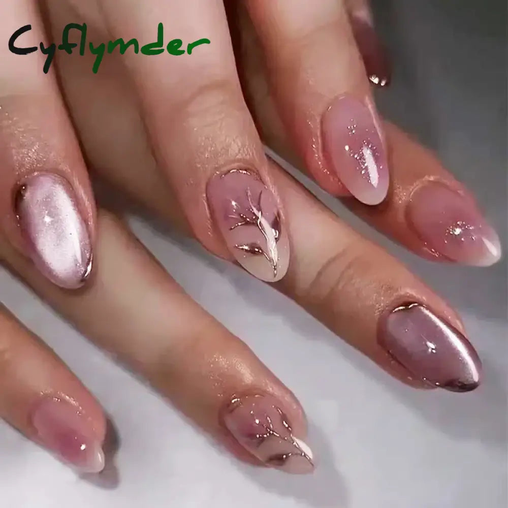 Cyflymder 24Pcs Detachable Magic Mirror Purple Fake Nails Almond Head Butterfly Pattern Press on False Nails Cat Eye