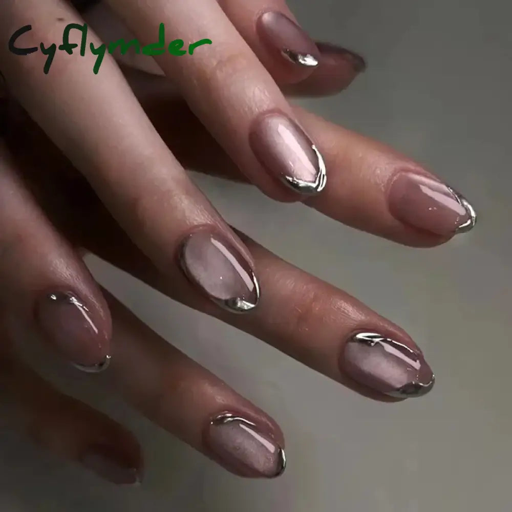 Cyflymder 24Pcs Detachable Magic Mirror Purple Fake Nails Almond Head Butterfly Pattern Press on False Nails Cat Eye