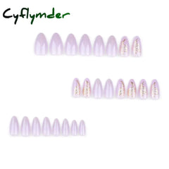 Cyflymder 24Pcs Detachable Magic Mirror Purple Fake Nails Almond Head Butterfly Pattern Press on False Nails Cat Eye