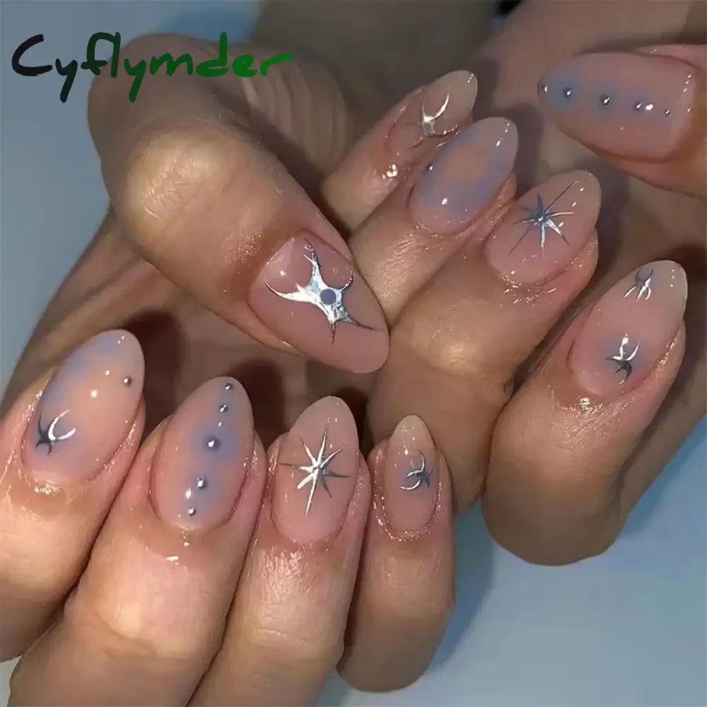 Cyflymder 24Pcs Detachable Magic Mirror Purple Fake Nails Almond Head Butterfly Pattern Press on False Nails Cat Eye