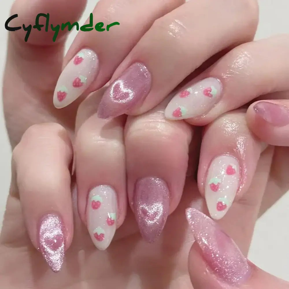 Cyflymder 24Pcs Detachable Magic Mirror Purple Fake Nails Almond Head Butterfly Pattern Press on False Nails Cat Eye