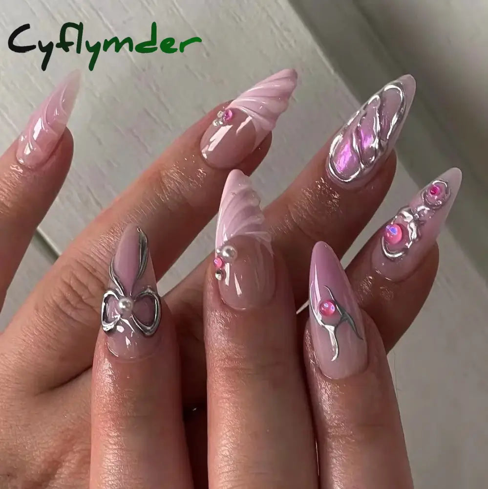 Cyflymder 24Pcs Detachable Magic Mirror Purple Fake Nails Almond Head Butterfly Pattern Press on False Nails Cat Eye