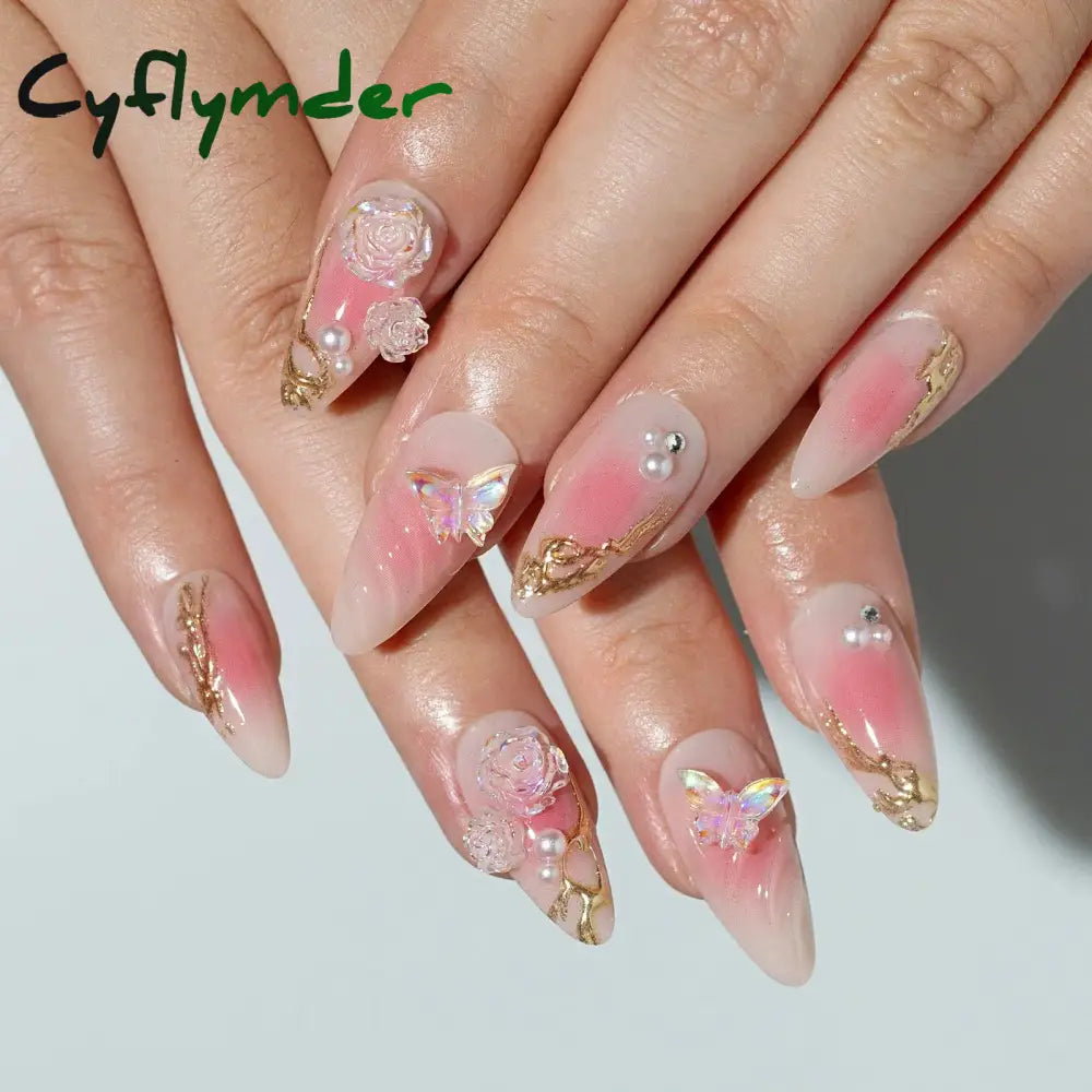 Cyflymder 24Pcs Detachable Magic Mirror Purple Fake Nails Almond Head Butterfly Pattern Press on False Nails Cat Eye