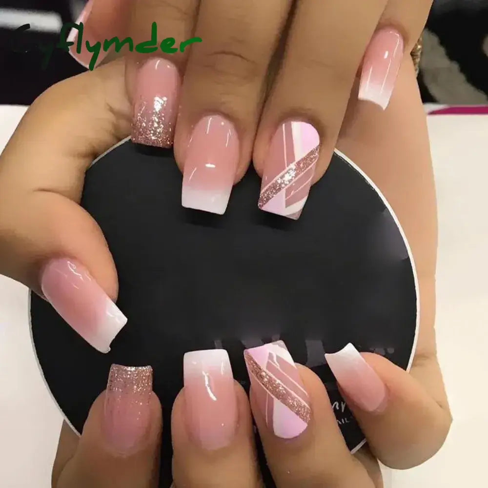 Cyflymder 24Pcs False Nail Full Cover Fake Elegant Pink Gradient Glitter French Short Nails Coffin