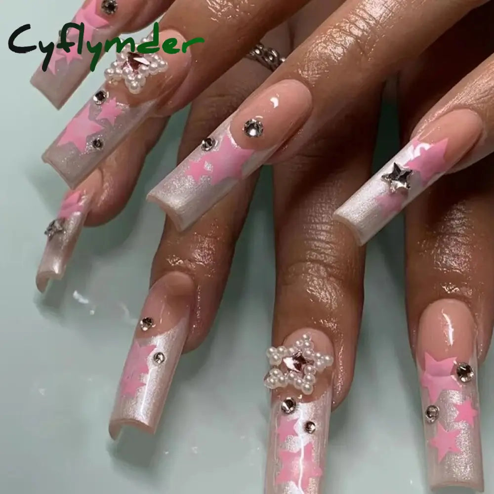 Cyflymder 24Pcs False Nails Rhinestone Glitter Marble Grain Design Fake Fingernails Long Ballet