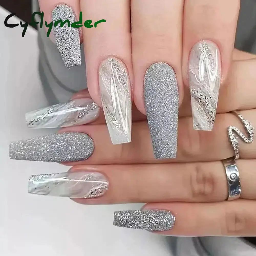 Cyflymder 24Pcs False Nails Rhinestone Glitter Marble Grain Design Fake Fingernails Long Ballet