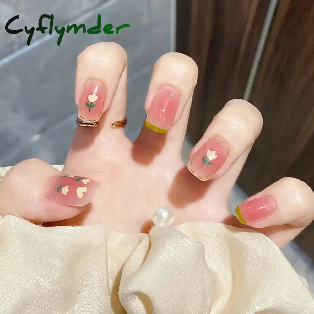 Cyflymder 24Pcs French False Nails Short Cherry Design Fake Art Full Coverage Waterproof Artificial