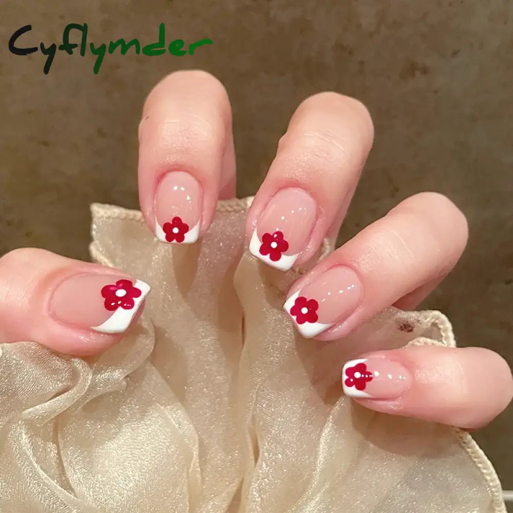 Cyflymder 24Pcs French False Nails Short Cherry Design Fake Art Full Coverage Waterproof Artificial