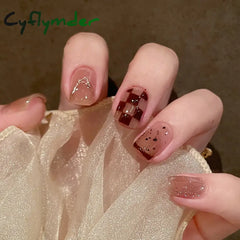 Cyflymder 24Pcs French False Nails Short Cherry Design Fake Art Full Coverage Waterproof Artificial