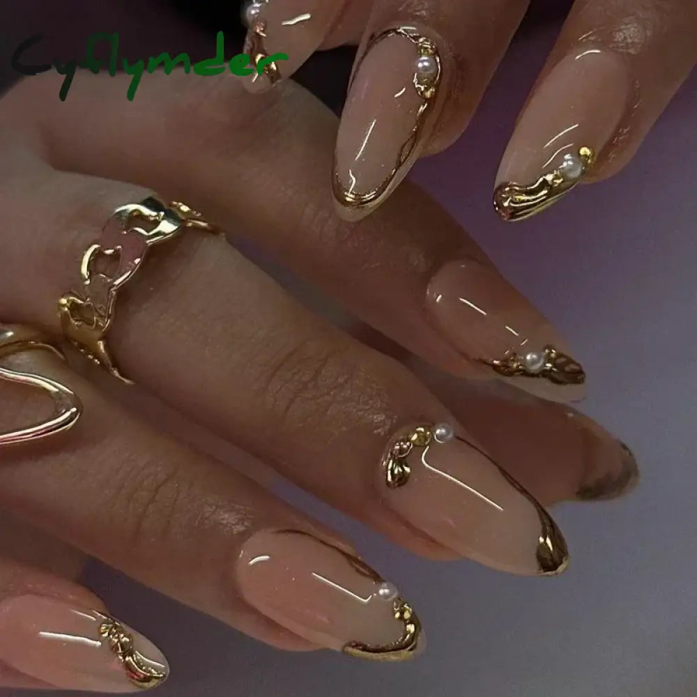 Cyflymder 24Pcs French Gold Edge Wearable Almond Press on Fake Nails Simple Pearl Decoration False Nails with Glue Full