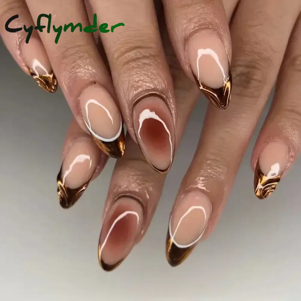 Cyflymder 24Pcs French Gold Edge Wearable Almond Press on Fake Nails Simple Pearl Decoration False Nails with Glue Full