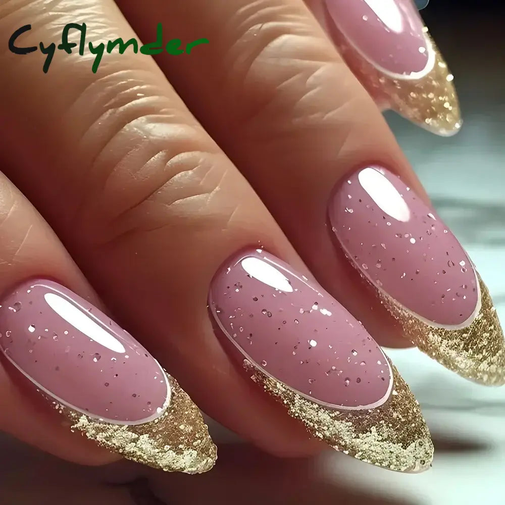 Cyflymder 24Pcs French Gold Edge Wearable Almond Press on Fake Nails Simple Pearl Decoration False Nails with Glue Full