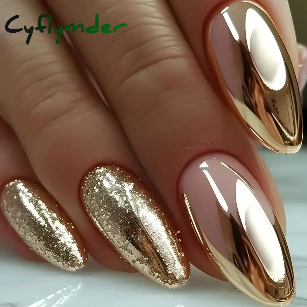 Cyflymder 24Pcs French Gold Edge Wearable Almond Press on Fake Nails Simple Pearl Decoration False Nails with Glue Full