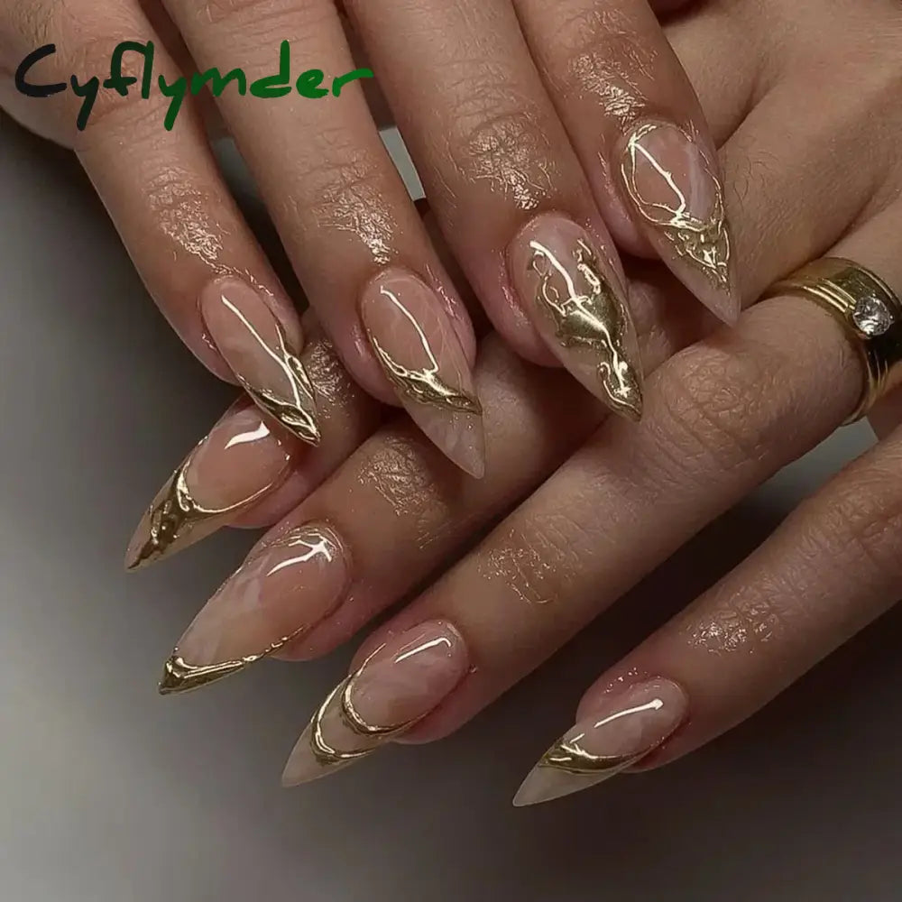 Cyflymder 24Pcs French Gold Edge Wearable Almond Press on Fake Nails Simple Pearl Decoration False Nails with Glue Full