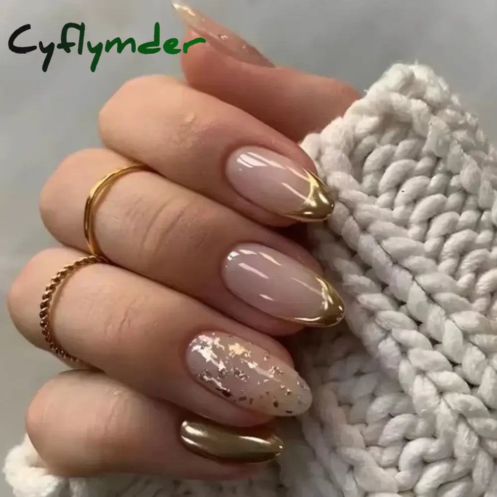 Cyflymder 24Pcs French Gold Edge Wearable Almond Press on Fake Nails Simple Pearl Decoration False Nails with Glue Full