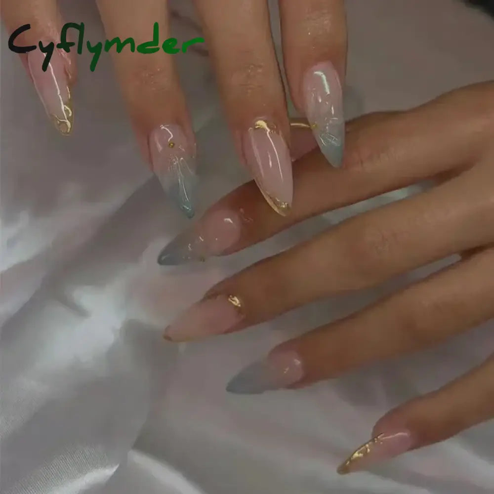 Cyflymder 24Pcs French Gold Edge Wearable Almond Press on Fake Nails Simple Pearl Decoration False Nails with Glue Full