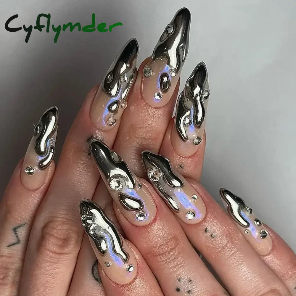 Cyflymder 24Pcs French Gold Edge Wearable Almond Press on Fake Nails Simple Pearl Decoration False Nails with Glue Full