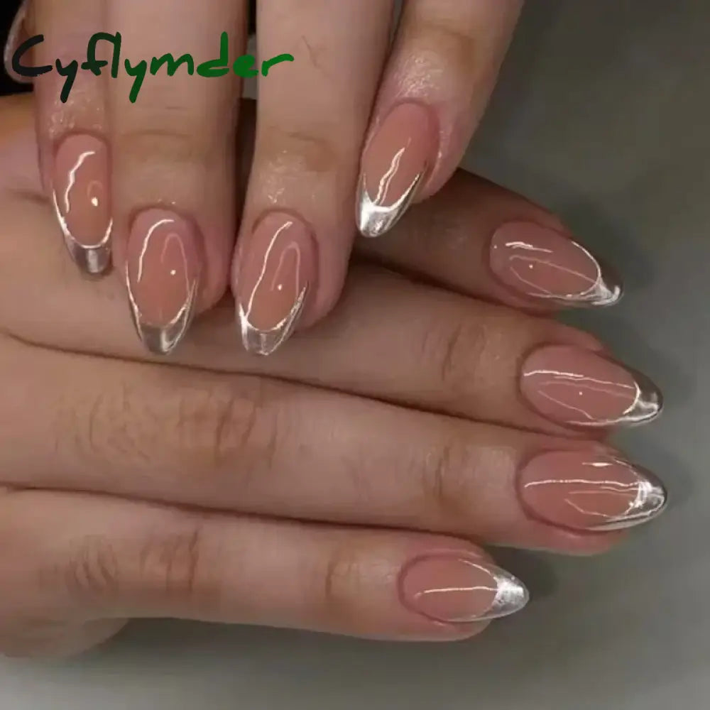 Cyflymder 24Pcs French Gold Edge Wearable Almond Press on Fake Nails Simple Pearl Decoration False Nails with Glue Full