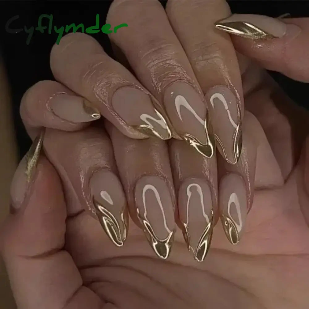 Cyflymder 24Pcs French Gold Edge Wearable Almond Press on Fake Nails Simple Pearl Decoration False Nails with Glue Full