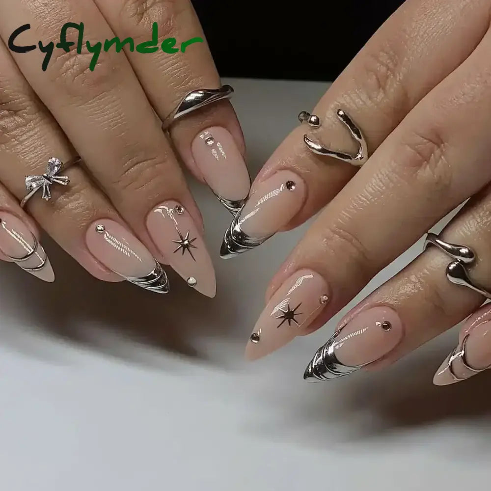 Cyflymder 24Pcs French Gold Edge Wearable Almond Press on Fake Nails Simple Pearl Decoration False Nails with Glue Full