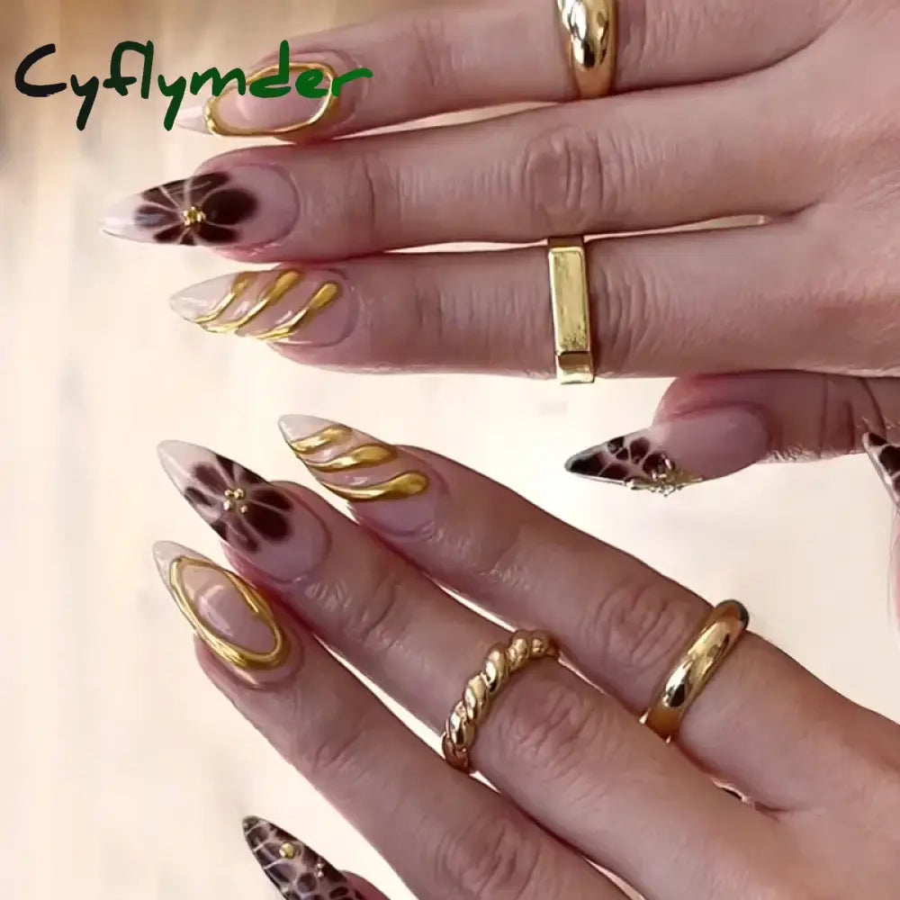 Cyflymder 24Pcs French Gold Edge Wearable Almond Press on Fake Nails Simple Pearl Decoration False Nails with Glue Full