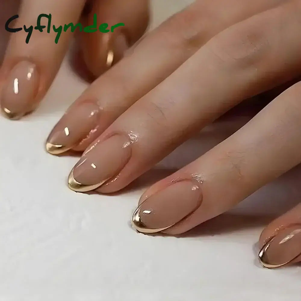 Cyflymder 24Pcs French Gold Edge Wearable Almond Press on Fake Nails Simple Pearl Decoration False Nails with Glue Full