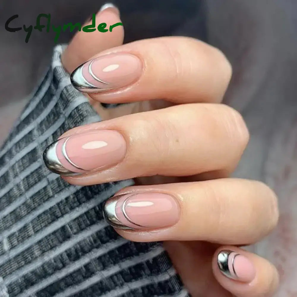 Cyflymder 24Pcs French Gold Edge Wearable Almond Press on Fake Nails Simple Pearl Decoration False Nails with Glue Full