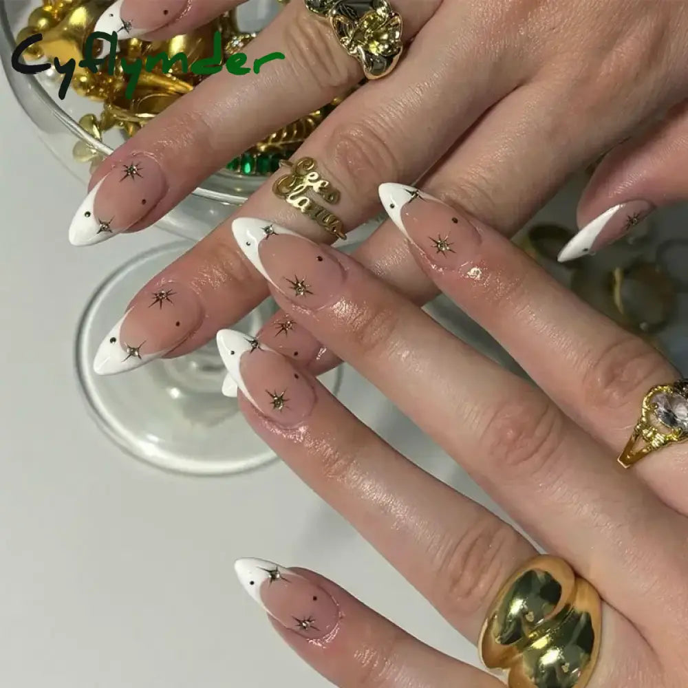 Cyflymder 24Pcs French Gold Edge Wearable Almond Press on Fake Nails Simple Pearl Decoration False Nails with Glue Full