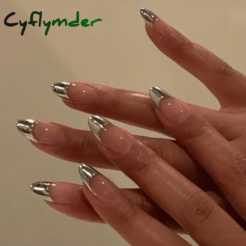 Cyflymder 24Pcs French Gold Edge Wearable Almond Press on Fake Nails Simple Pearl Decoration False Nails with Glue Full