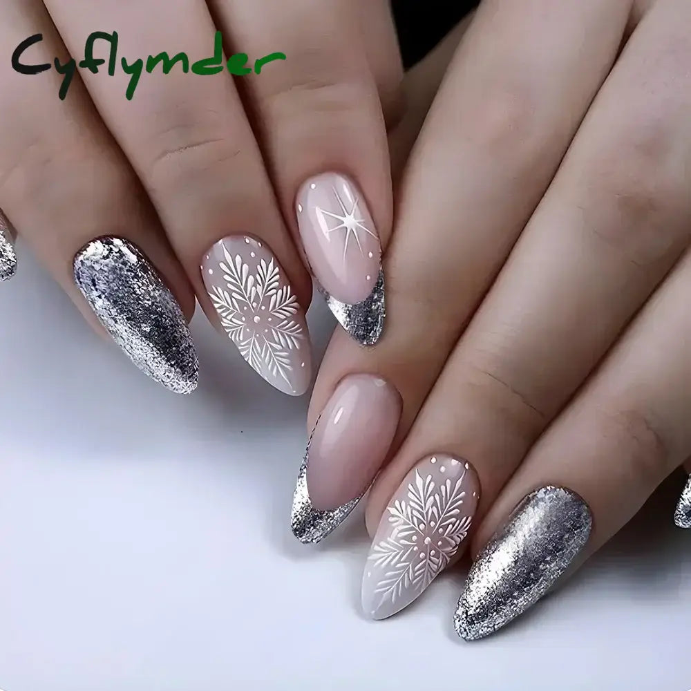 Cyflymder 24Pcs French Gold Edge Wearable Almond Press on Fake Nails Simple Pearl Decoration False Nails with Glue Full