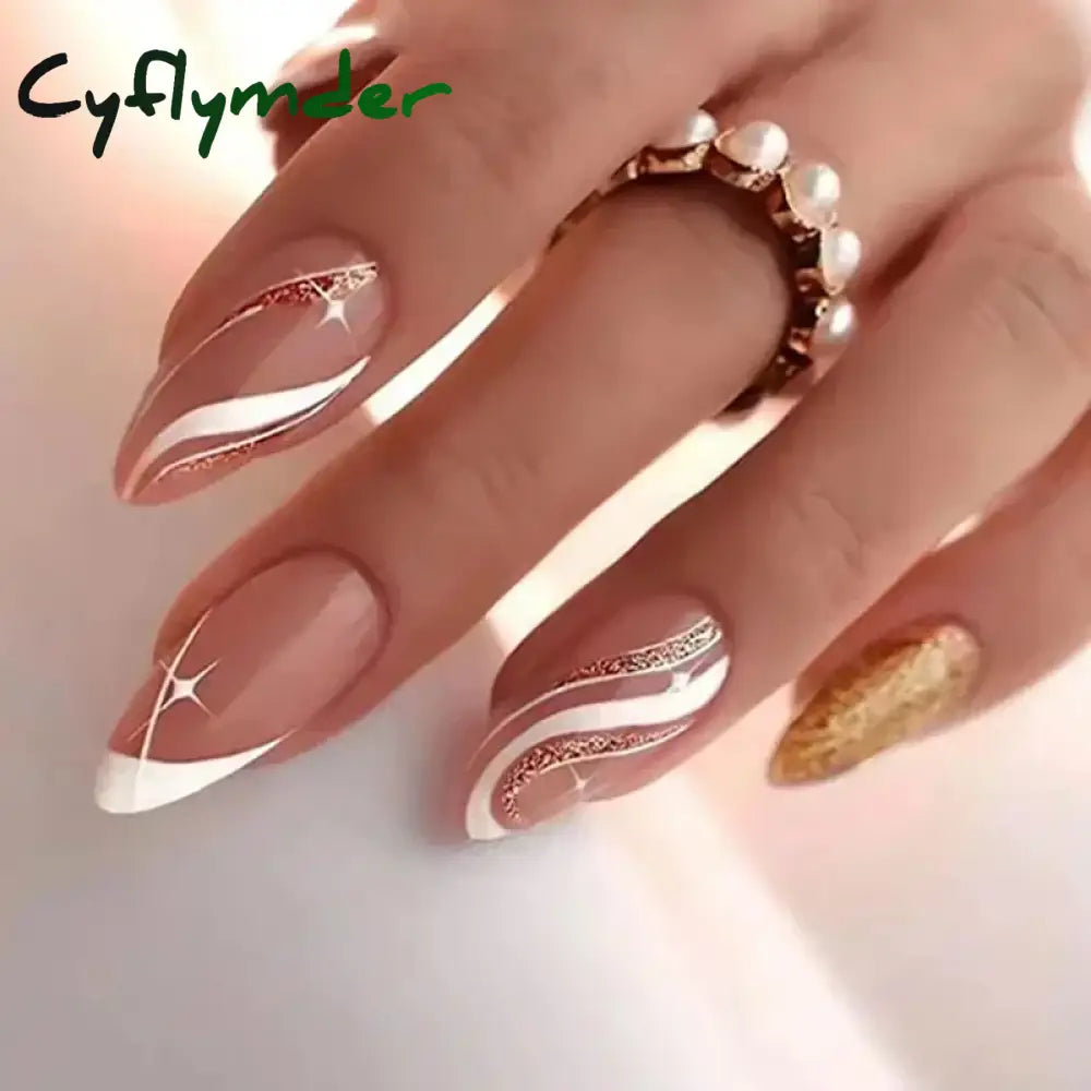 Cyflymder 24Pcs French Gold Edge Wearable Almond Press on Fake Nails Simple Pearl Decoration False Nails with Glue Full