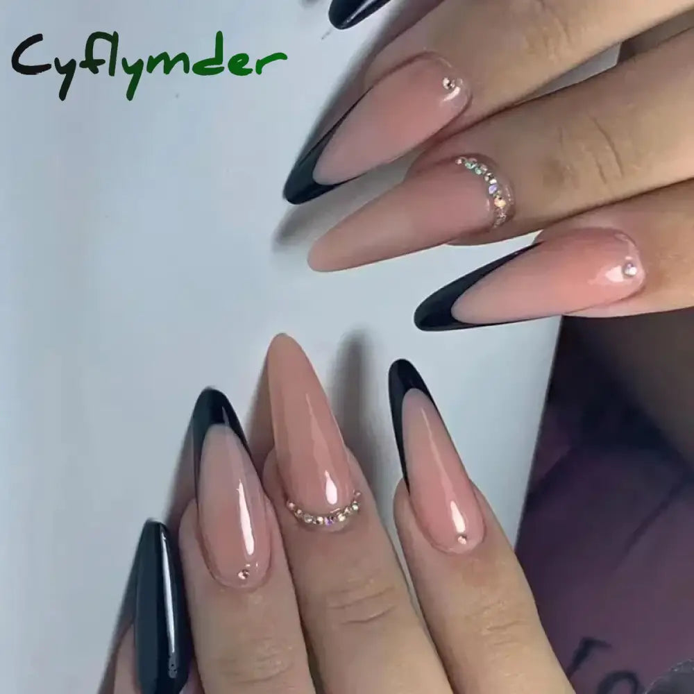 Cyflymder 24Pcs French Gold Edge Wearable Almond Press on Fake Nails Simple Pearl Decoration False Nails with Glue Full