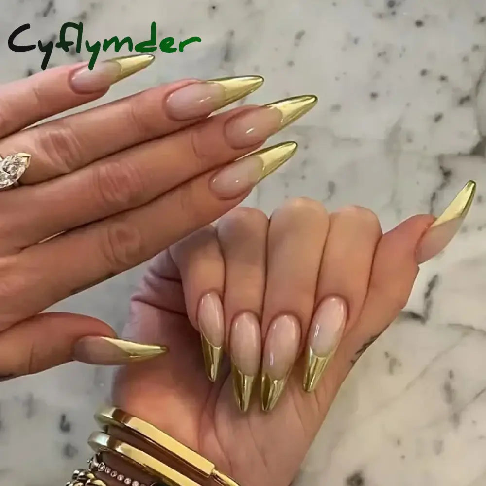 Cyflymder 24Pcs French Gold Edge Wearable Almond Press on Fake Nails Simple Pearl Decoration False Nails with Glue Full