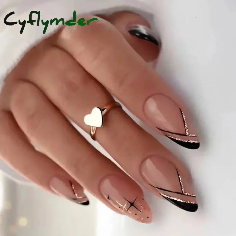 Cyflymder 24Pcs French Gold Edge Wearable Almond Press on Fake Nails Simple Pearl Decoration False Nails with Glue Full