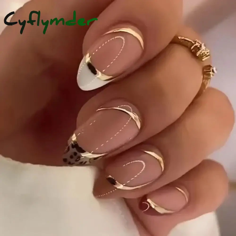 Cyflymder 24Pcs French Gold Edge Wearable Almond Press on Fake Nails Simple Pearl Decoration False Nails with Glue Full