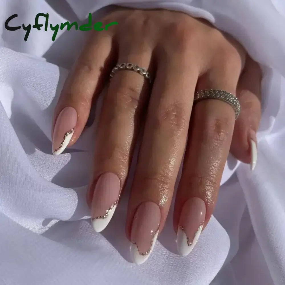 Cyflymder 24Pcs French Gold Edge Wearable Almond Press on Fake Nails Simple Pearl Decoration False Nails with Glue Full