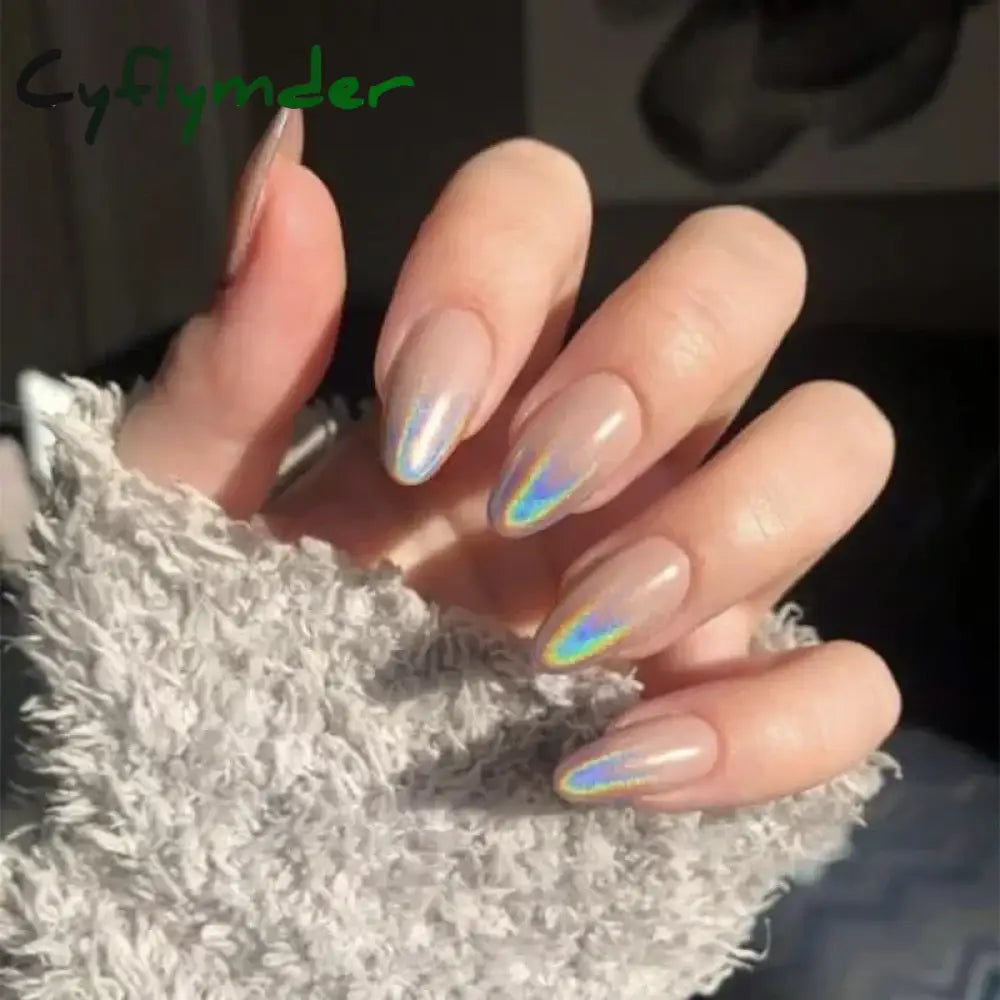 Cyflymder 24Pcs French Gold Edge Wearable Almond Press on Fake Nails Simple Pearl Decoration False Nails with Glue Full