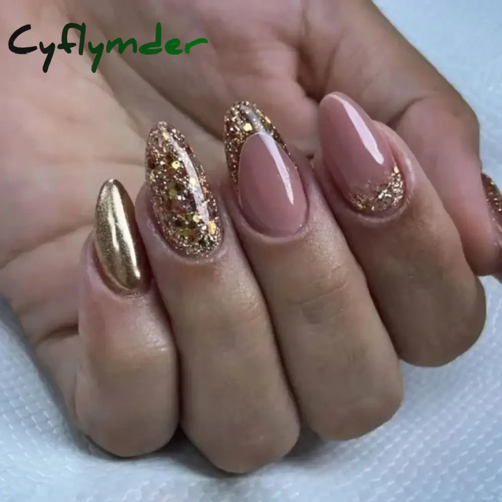 Cyflymder 24Pcs French Gold Edge Wearable Almond Press on Fake Nails Simple Pearl Decoration False Nails with Glue Full