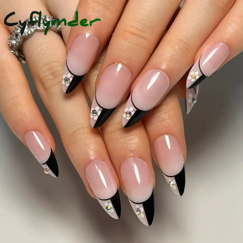 Cyflymder 24Pcs French Gold Edge Wearable Almond Press on Fake Nails Simple Pearl Decoration False Nails with Glue Full