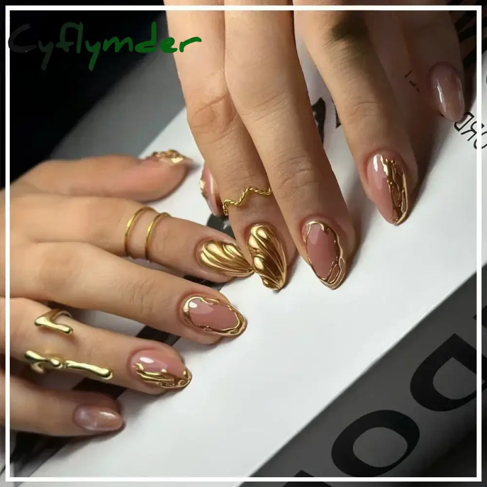 Cyflymder 24Pcs French Gold Edge Wearable Almond Press on Fake Nails Simple Pearl Decoration False Nails with Glue Full