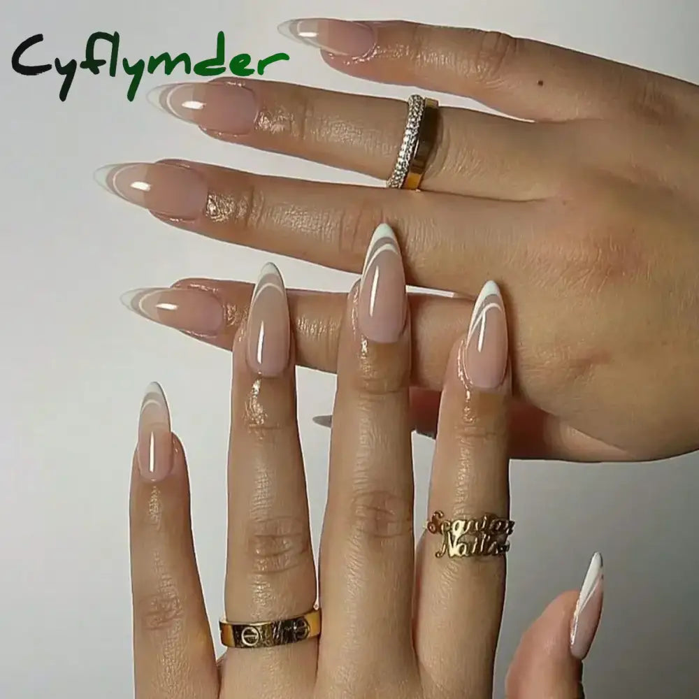 Cyflymder 24Pcs French Gold Edge Wearable Almond Press on Fake Nails Simple Pearl Decoration False Nails with Glue Full